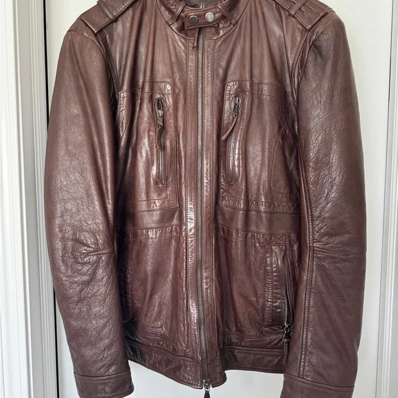 Hugo Boss Dark Brown Leather Military Jacket - Picture 1 of 7